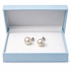 Authentic 9mm Akoya Pearl Stud Earrings set in 14K WG
